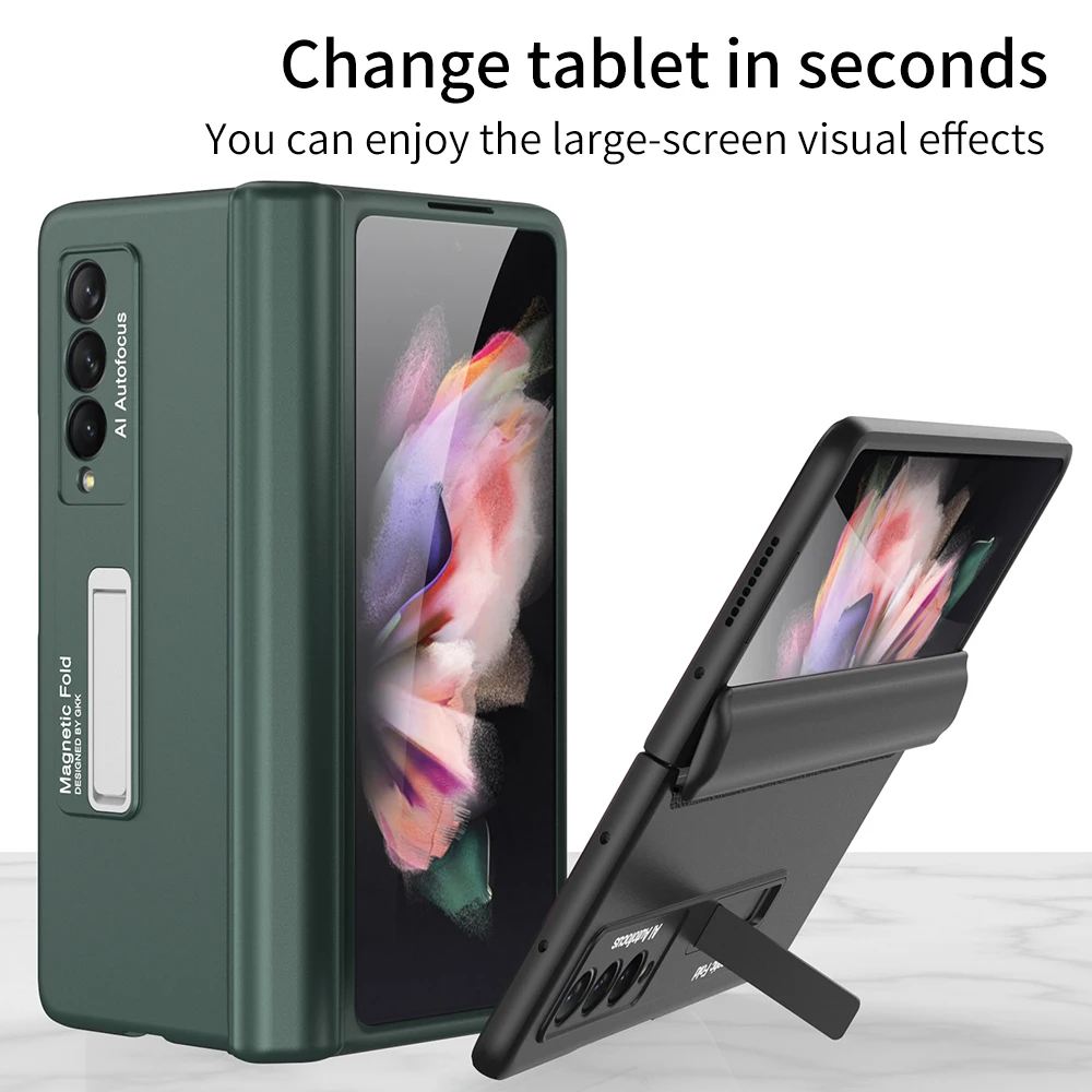 Caixa de plástico com moldura magnética para Samsung, suporte incluído, capa dura, Galaxy Z Fold 2, 3, 4, 5, 5G, novo
