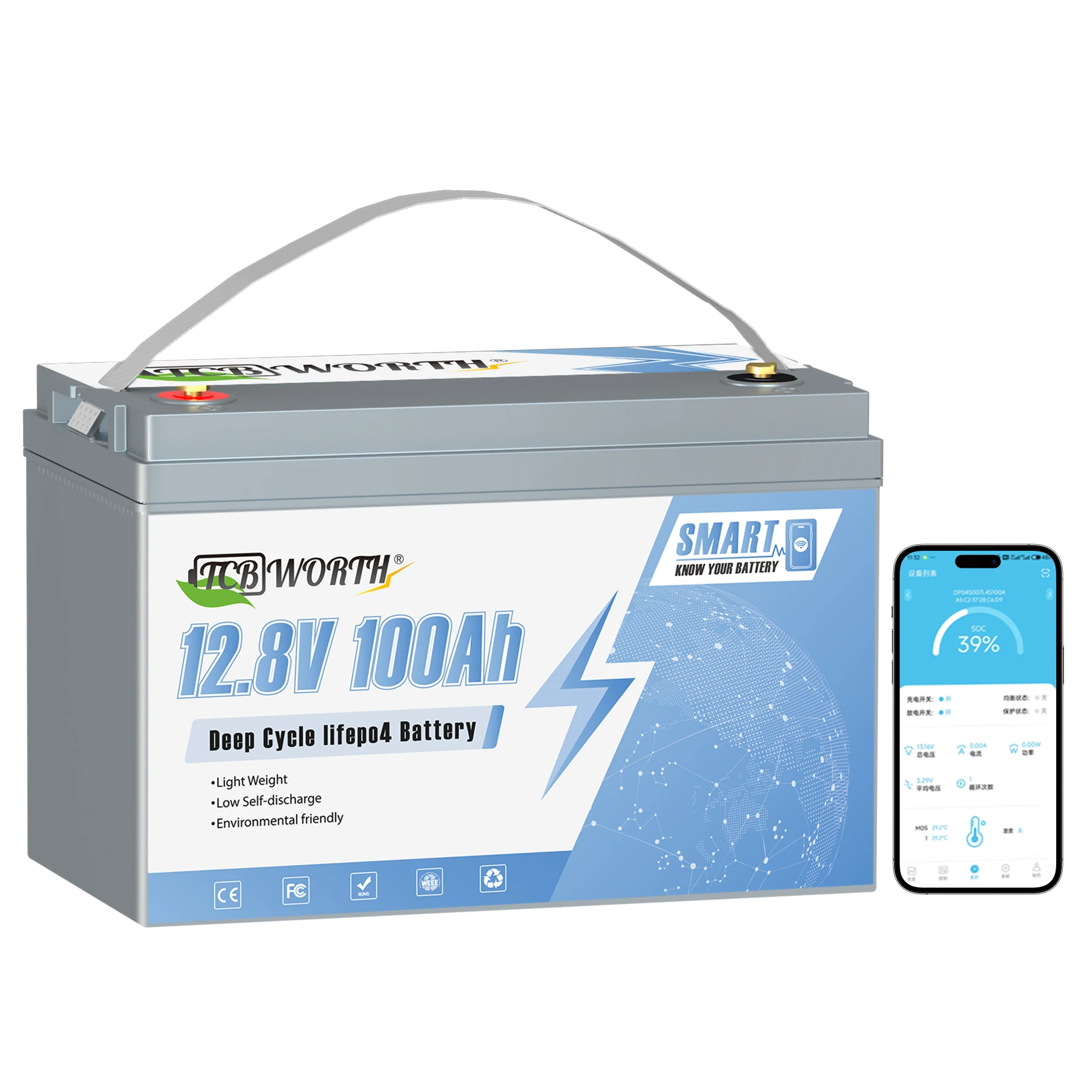 12V 100Ah LiFePO4 Battery 1280WH Grade A Cells Lithium Battery with 100A BMS Up to 6000+ Deep Cycle Battery for RV,Camping,Solar