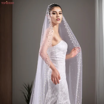 ผ้าคลุมหน้าเจ้าสาวทำจากไข่มุกหรูหราแบบไม่มีหวีอุปกรณ์เสริมสำหรับงานแต่งงานของเจ้าสาวผ้าคลุมหน้าปิดไข่มุกสีขาว V66 Topqueen