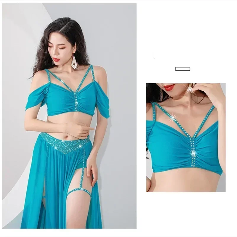 Kostiumy do Tańca Brzucha Damskie Cyrkonie Błyszczące 2-częściowy Strój Treningowy Odkryte Ramiona Orientalna Gaza Spódnica Rozcięcie Boczne Traje Garnitur