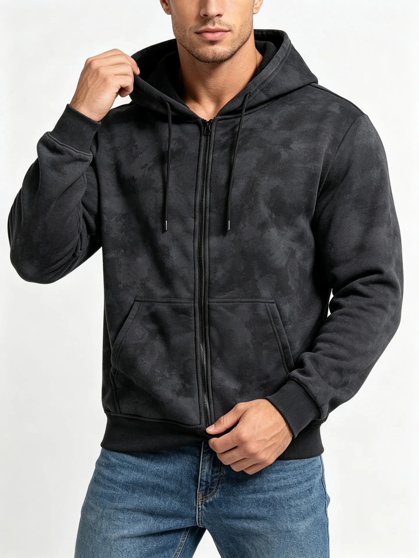 Men Tie Dye Zip Up Hoodie Heavyweight Full Zip Hooded Sweatshirt European High Street Loose Streetwear Autumn Casual Outerwear J