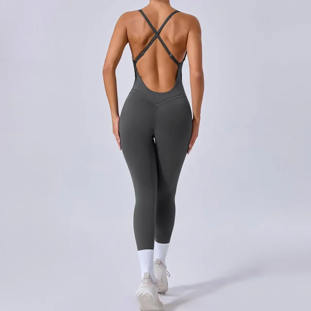 Sexy Cross Backless Bodycon Sporty Jumpsuit with Cups Women One Piece Gym Workout Outfit Sportswear Sleeveless Fitness Overalls