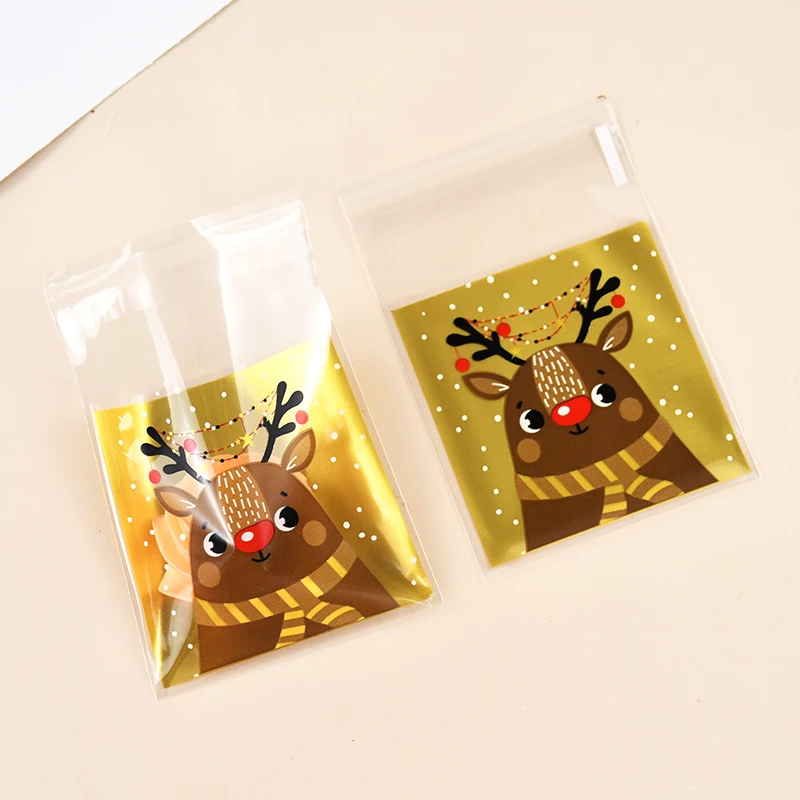 100pcs Christmas Candy Cookie Bag Cartoon Santa Claus Plastic Biscuit Gift Packaging Bag Xmas Party Decor Supplies New Year 2025