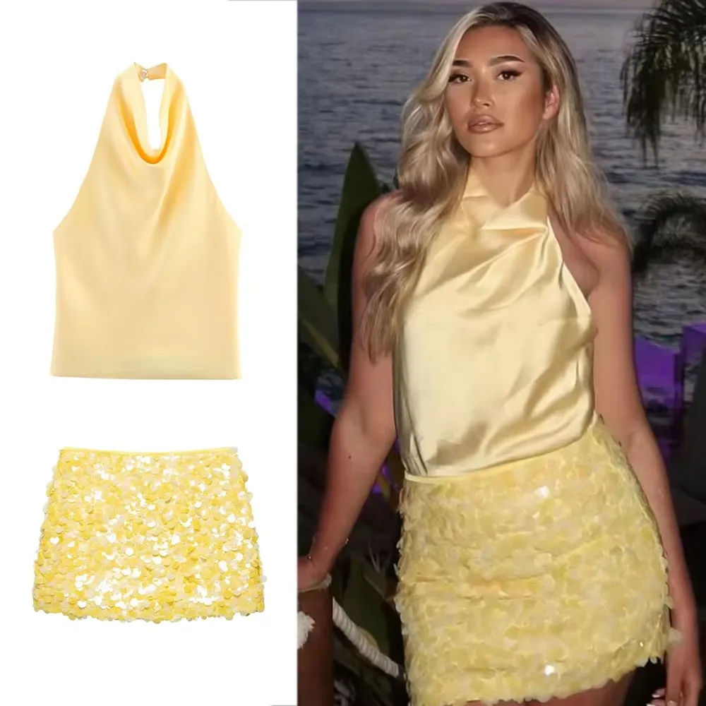 HH femmes paillettes jupes costumes taille haute mince Mini jupe épaules nues haut à licou été Sexy dame Club soirée 2 pièces ensemble