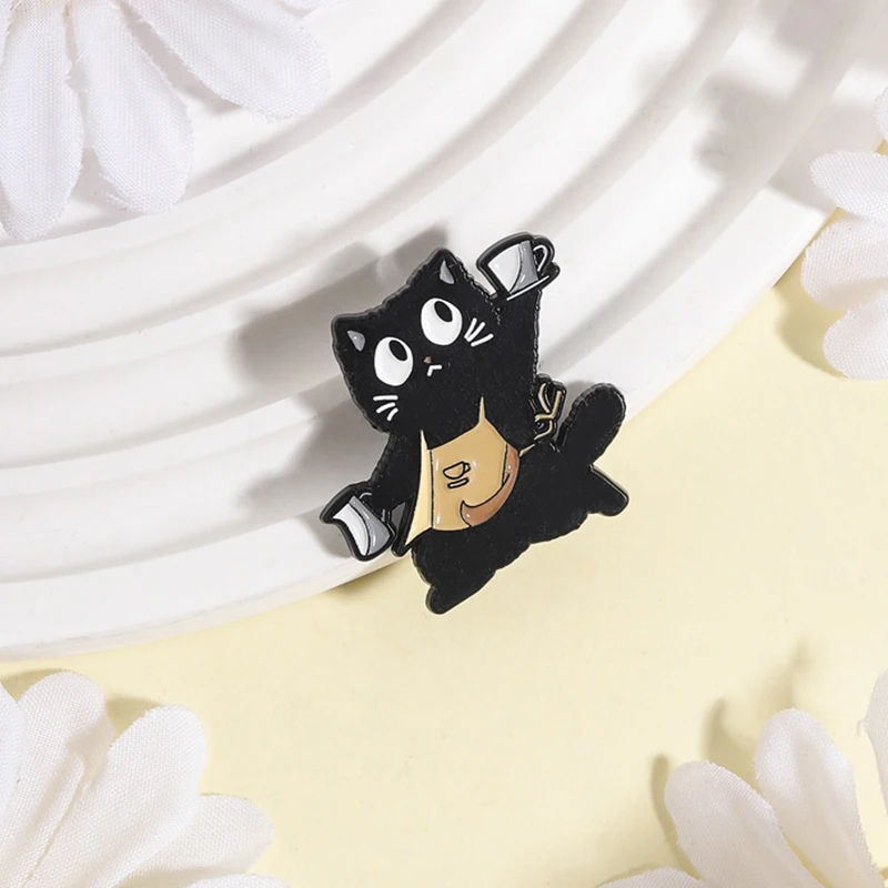 Barista Black Cat Cartoon Enamel Pin Cute Cat Wearing Coffee Apron Uniform & Coffee Cup Brooch Lapel Badge Jewelry Gifts Friends view 3