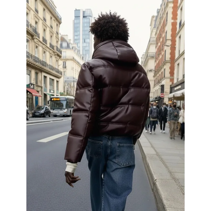 

New fashion temperament women's clothing, hooded loose and thickened PU leather jacket, cotton-padded jacket