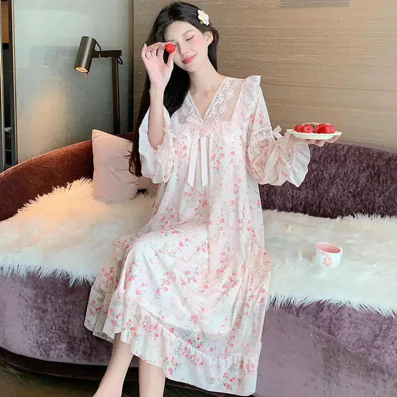 

Women's Spring Summer Long Sleeved Mid Length Nightgown Floral Lace Bow Mesh Dress Princess Style Home Wear Fashion Nightgown