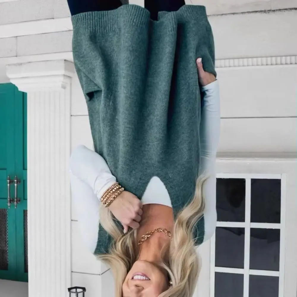 

Women Sweater Vest V-neck Sleeveless Pockets Mid-length Knitting Tops Solid Color Autumn Winter Casual Knitwear
