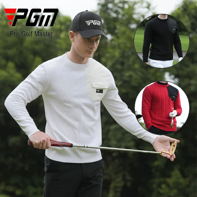 

PGM New Men Warm Fleece Golf Sweater Winter Male Patchwork Pocket Pullover Knitted Classic Shirt Crew Neck Comfortable Golf Tops