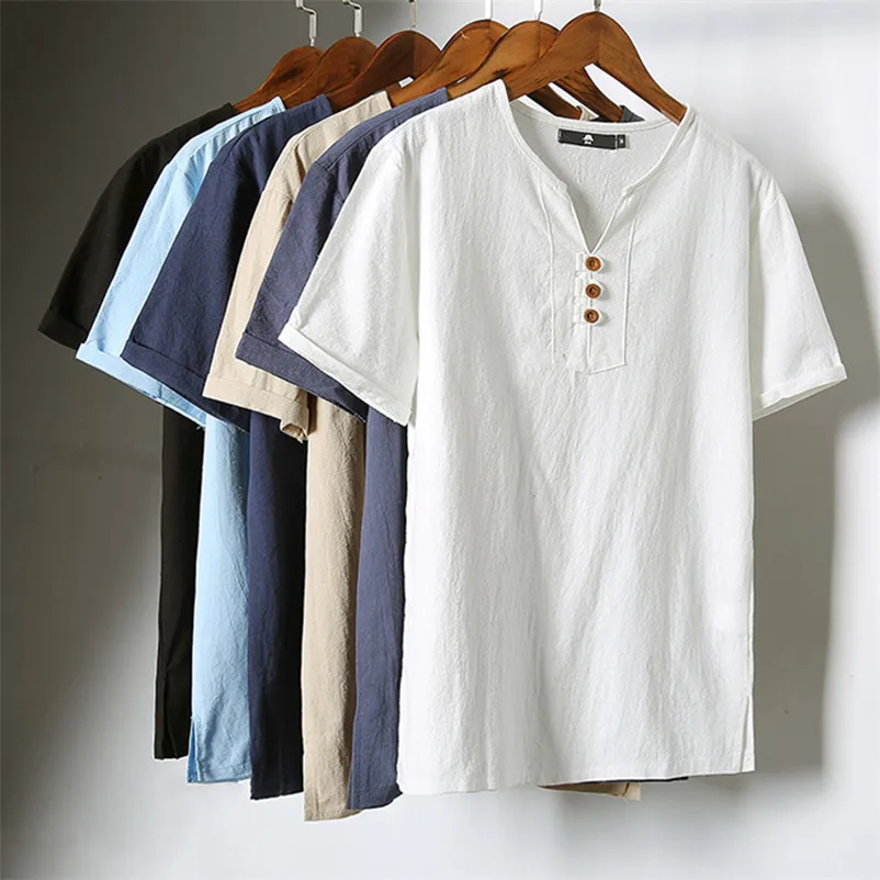 Kaos Pria Vintage Polos V-Neck Lengan Pendek Kancing Atasan Katun Linen Gaya Cina Ukuran Besar M-6XL 7XL