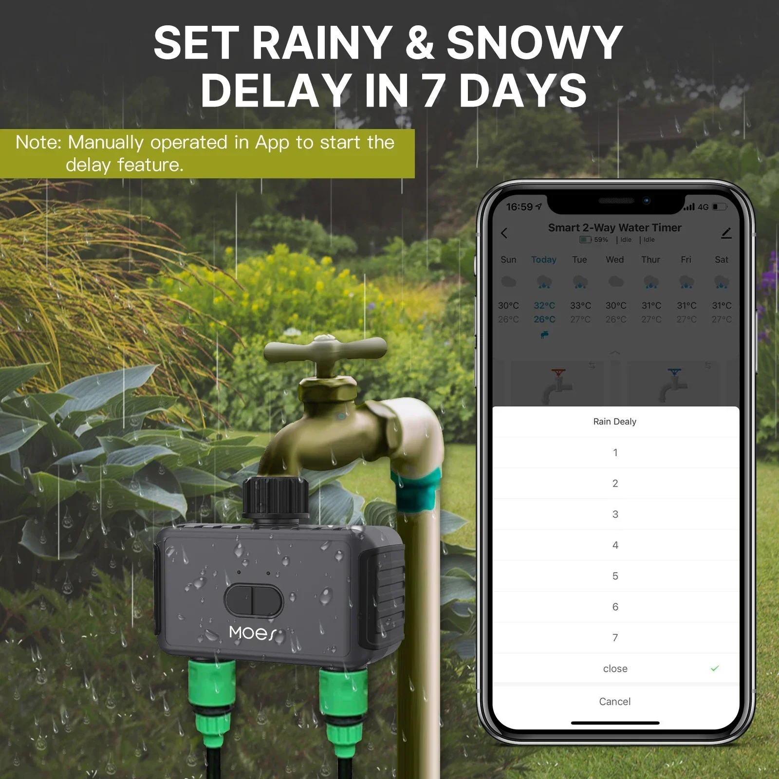 Válvula de água inteligente de 2 vias MOES Bluetooth, aspersor de jardim, temporizador programável, filtro, atraso de chuva, controle automático de irrigação