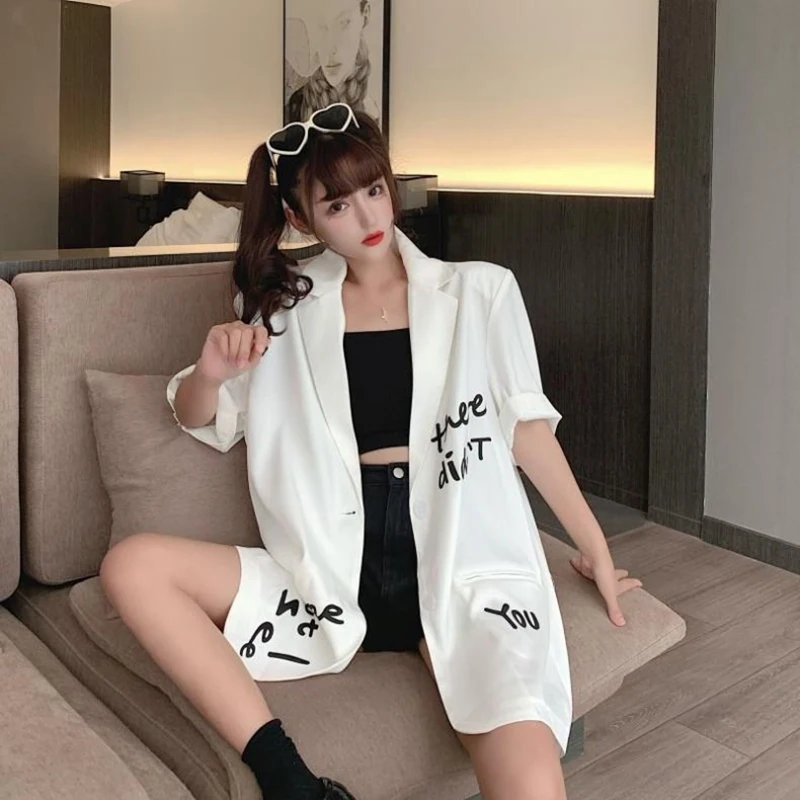 Women`s Short Sleeve Suit Summer Casual Loose Jackets Blazer Outerwear Y2k Retro Overcoat Women Tops Coat Office Lady Wear