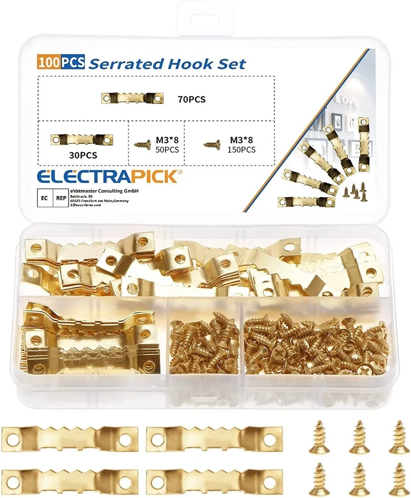 100pcs Golden Serrated Hook set Picture Hangers Picture Hooks Sawtooth Hangers for Picture Frames Double Hole with 200 Screws