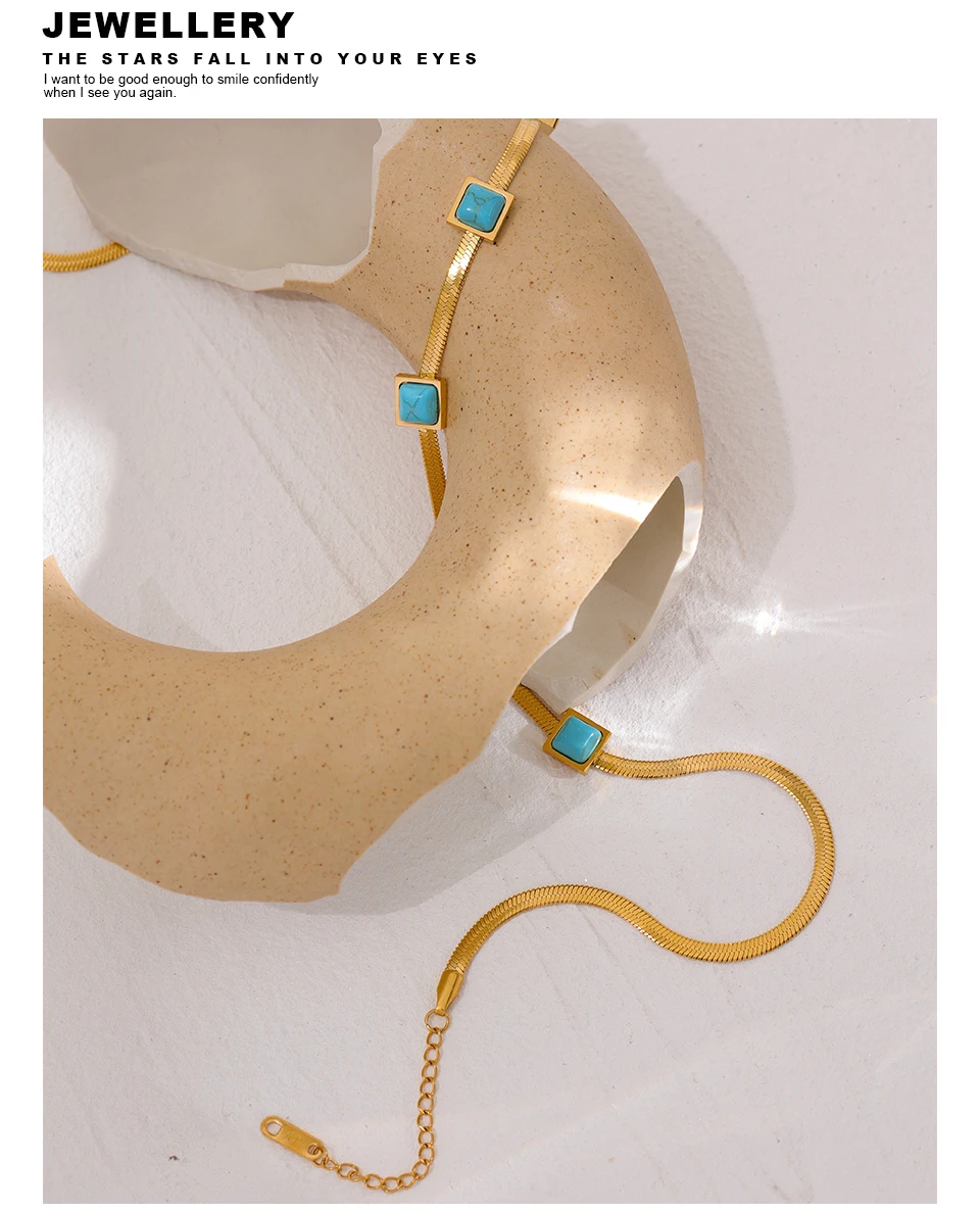 Yhpup Blue Artificial Turquoise Snake Chain Necklace Stainless Steel Golden Collar Jewelry for Women бижутерия для женщин Gift