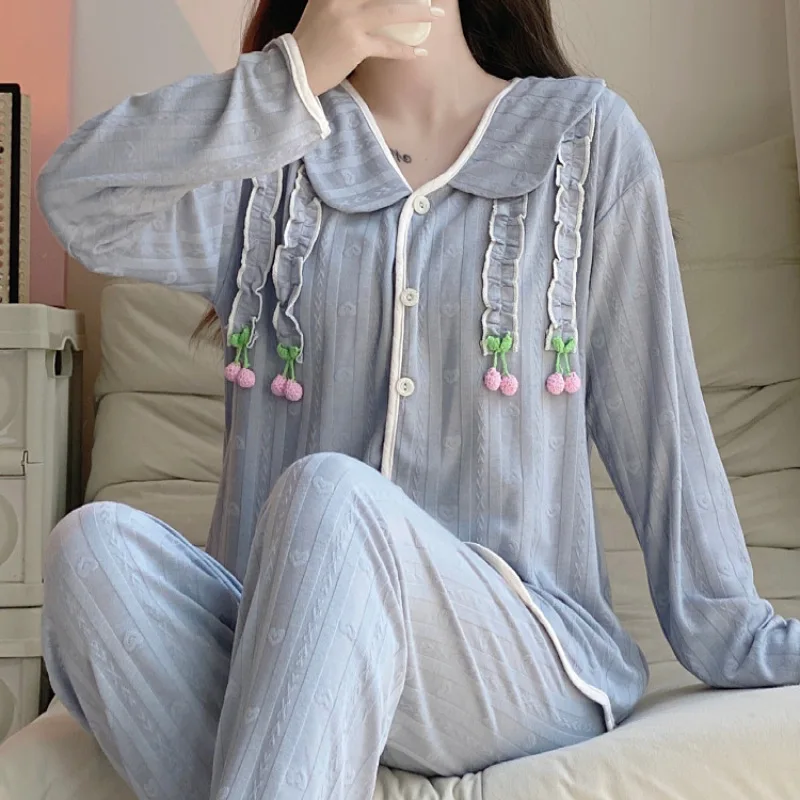 Ensemble de pyjama 2 pièces pour femme, 100% coton, manches longues, chemise à revers, pantalon trempé, vêtements de nuit, vêtements d'intérieur