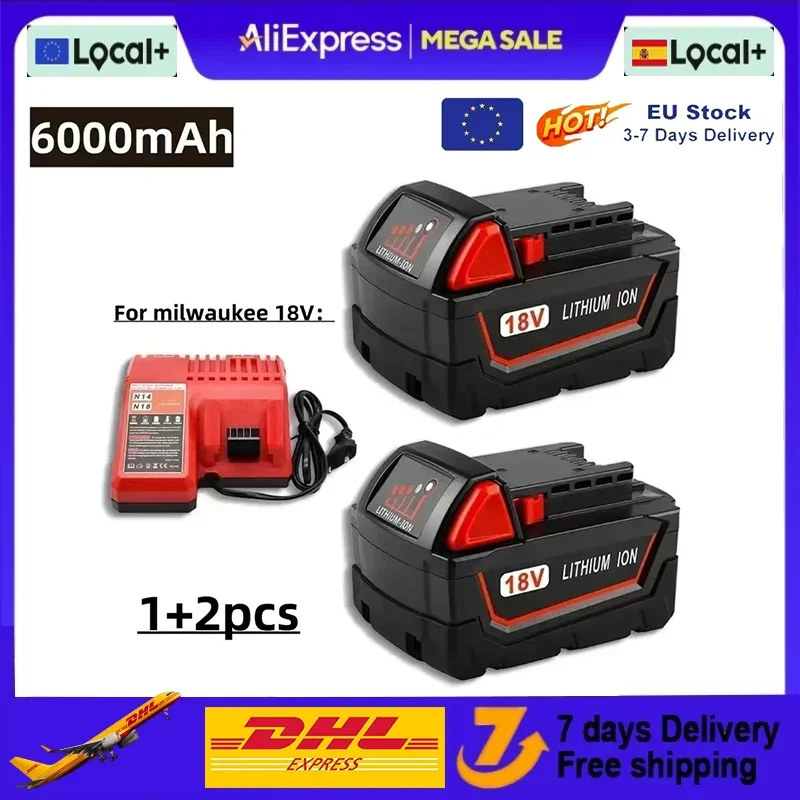 Für Milwaukee M18 Elektrowerkzeug-Akku, Ladegerät, BR, XC, 18V, 6000mAh M18B5, 48-11-1860, eingebauter 18650-Akku