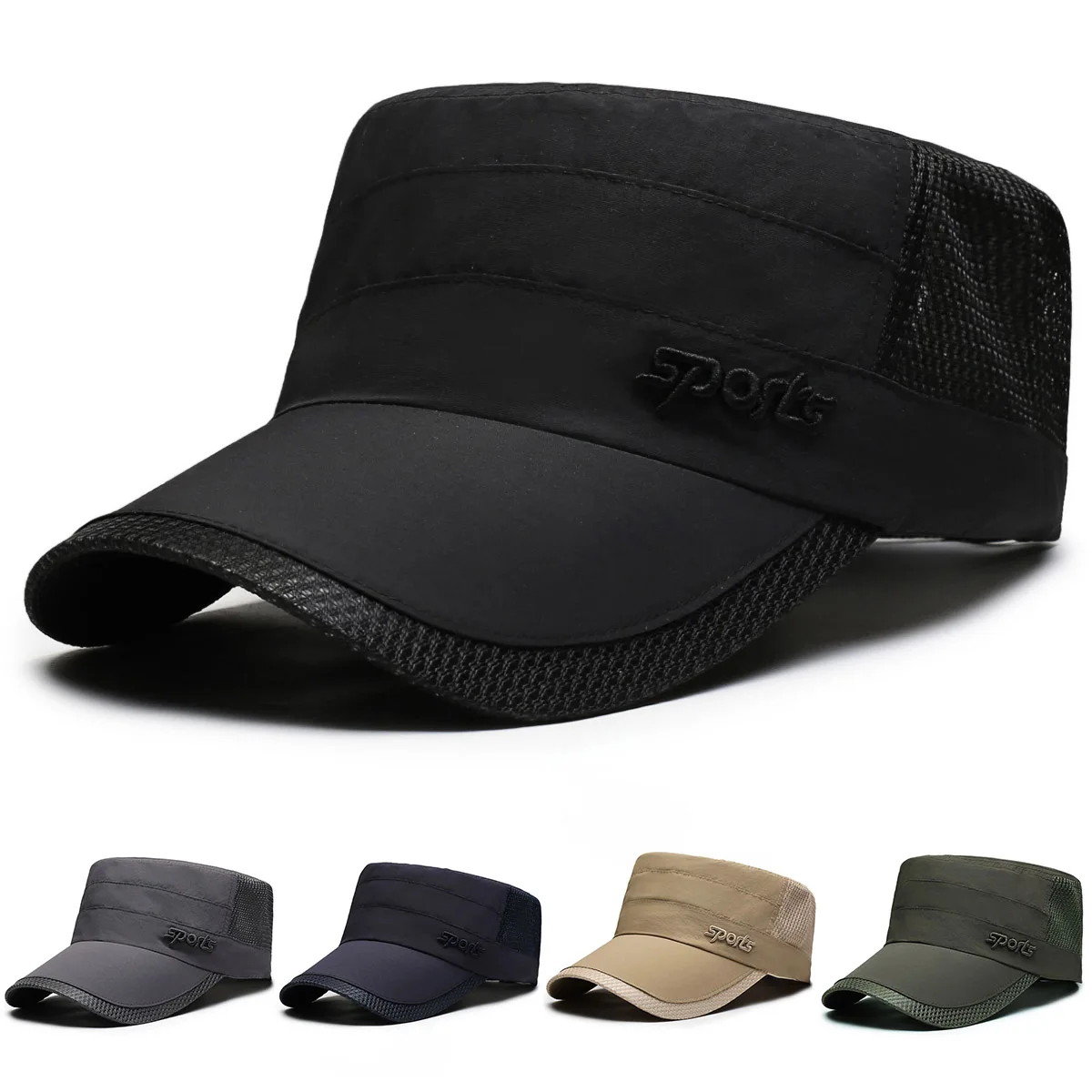Schnelltrocknender Sonnenschutzhut für Frühling/Sommer, leichte, atmungsaktive Mesh-Baseballkappe, lässiger, flacher Militärstil-Modehut – Detail 4