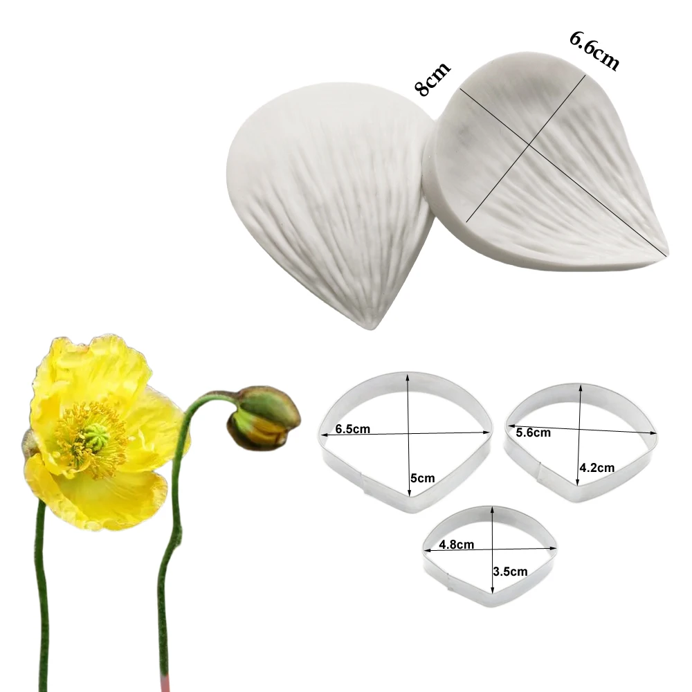 5PCS Poppy Petal Flower Veiners &Cutters Moule Silicone Fondants Leaf Cake Decorating Tool Sugar Handmade Silicone Cake Mold