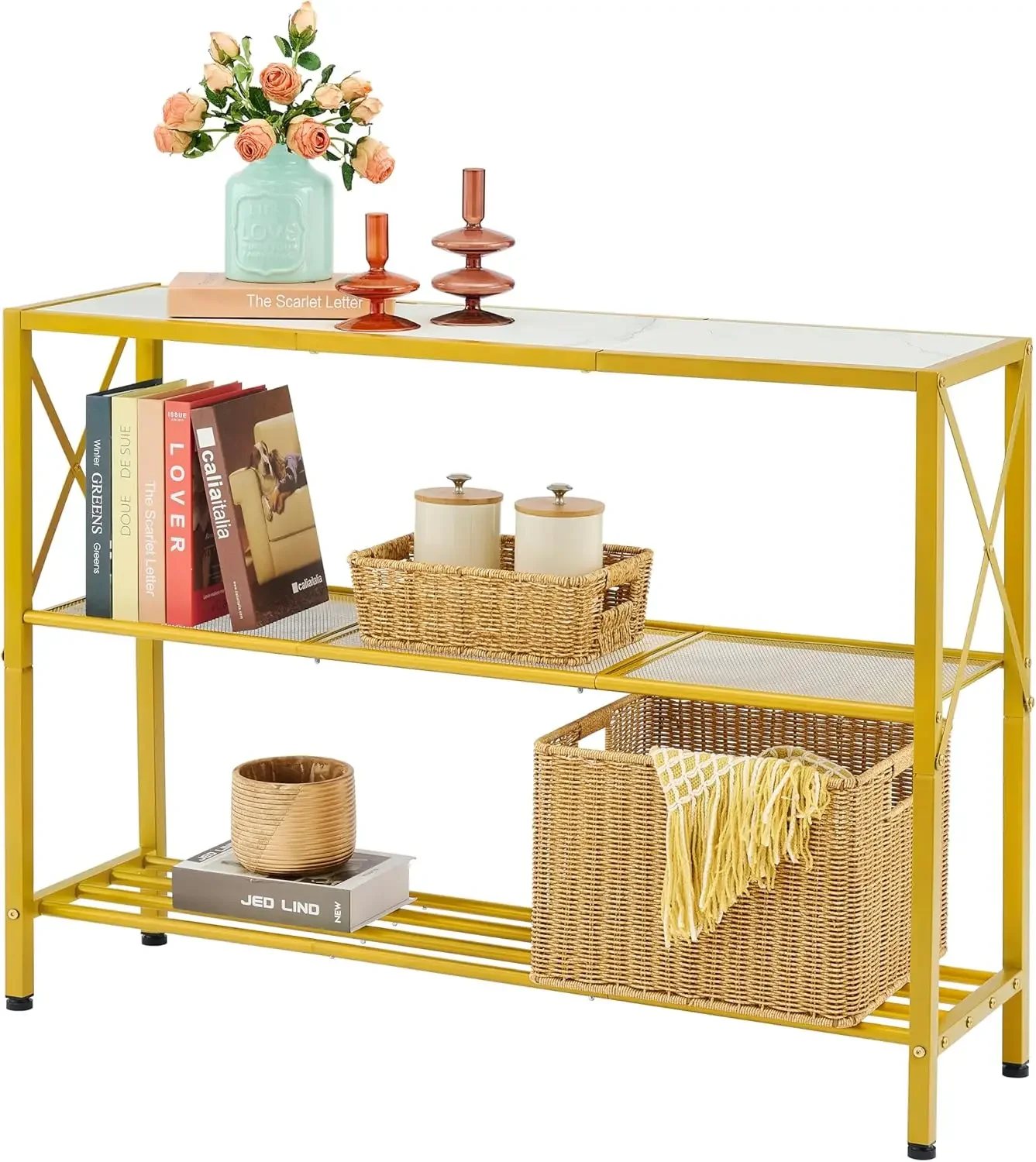 

Gold Console Table, 3 Tier Entryway Tables, Hallway Desk, Narrow Sofa Tables with Shelves, Entrance Desk , Gold and White