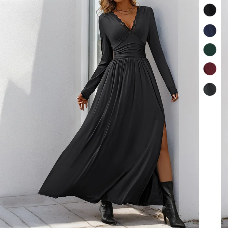 Abito in pizzo con scollo a V profondo Abito da festa da club biforcato a vita alta rugoso a maniche lunghe Abito lungo con temperamento elegante e solido