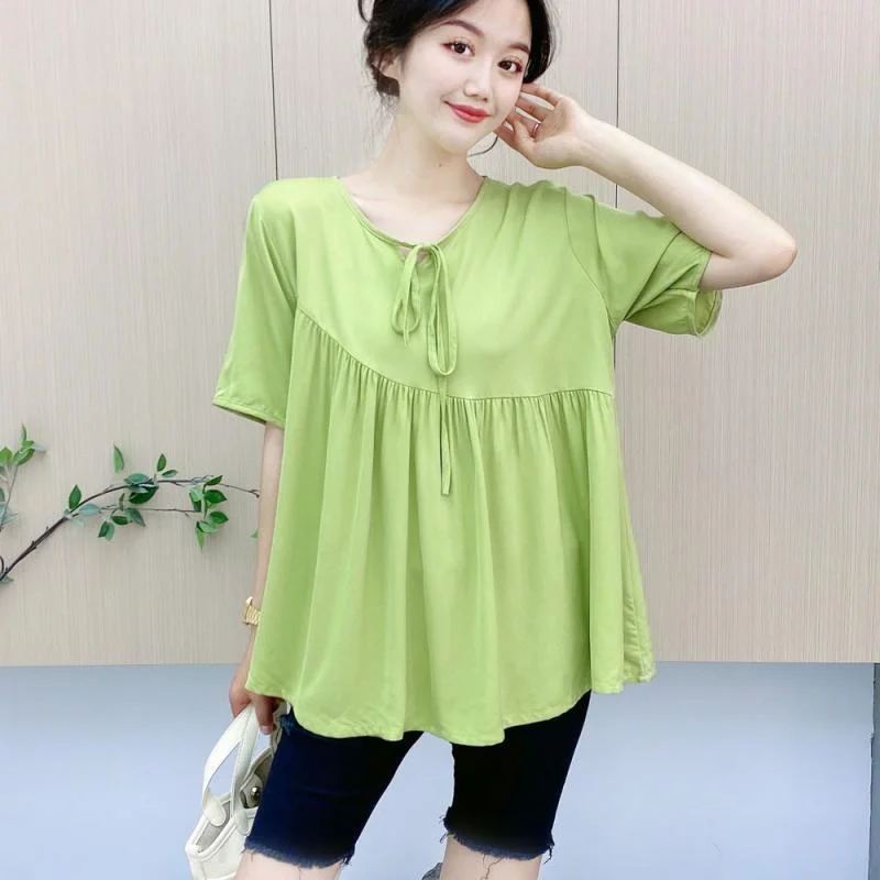 

Женская летняя свободная футболка больших размеров в корейском стиле, скрывающая живот, с коротким рукавом и кружевным подолом