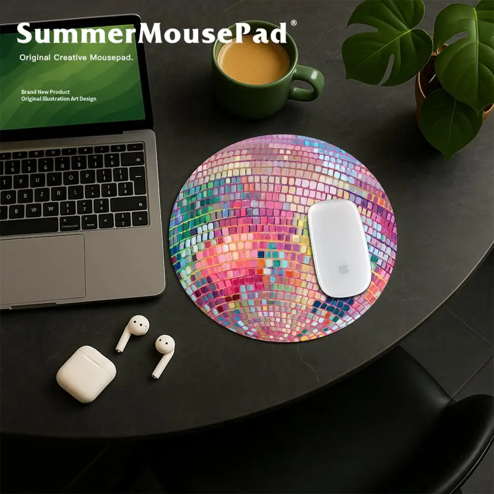 แผ่นรองเมาส์ดิสโก้บอลยางกลมสีชมพู - อุปกรณ์เสริมโต๊ะที่สวยงามสําหรับคอมพิวเตอร์แล็ปท็อปสํานักงาน - ของขวัญในอุดมคติสําหรับแฟนผู้หญิง