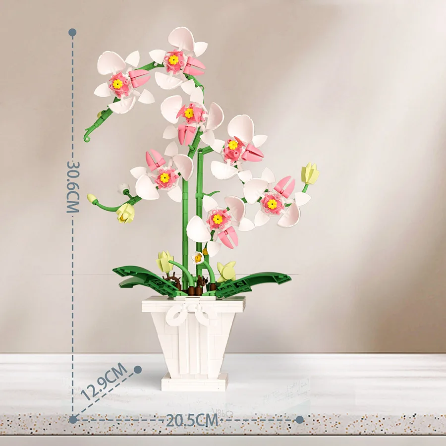 Phalaenopsis building block flowers, assembling building block educational toys, building block flowers with flower pot table or