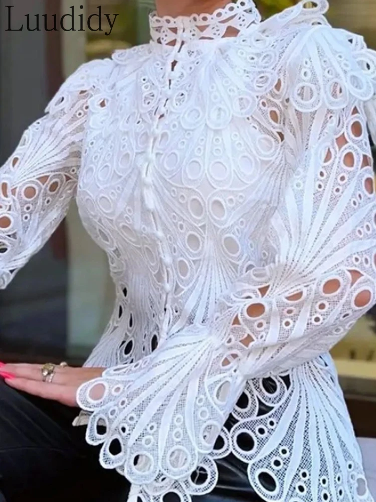 Women Blouse Elegant Lace Long Sleeve Top Fashion Hollow Blouse