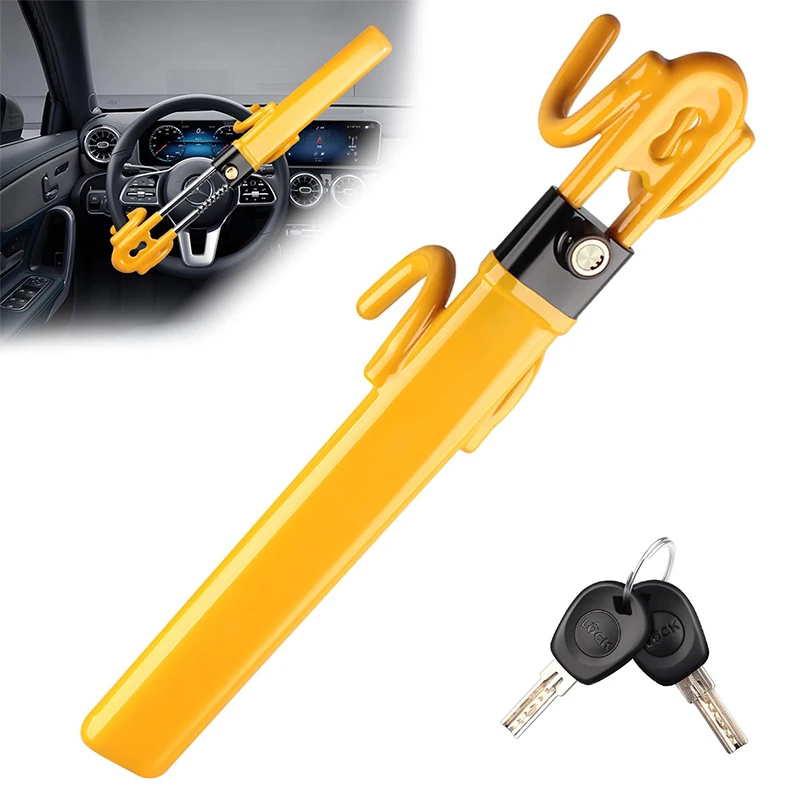 Vehicle Anti-Theft Security Lock With Adjustable Length Clamp Double Hook Locks, Heavy Duty Steering Wheel Lock For Car Van