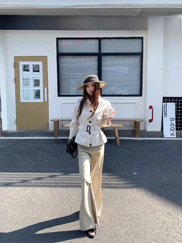 

Women's Fashion Spring Set High Waist Slim Fit Coat Jacket Long Sleeve Casual Pants Stand Collar Button up Casual Wear
