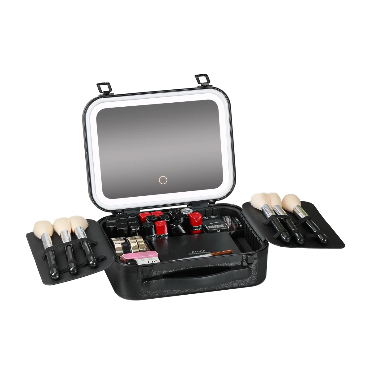 Estuche de maquillaje portátil con espejo iluminado LED, organizador de cosméticos recargable por USB para viajes y uso doméstico, bolsa de viaje de maquillaje