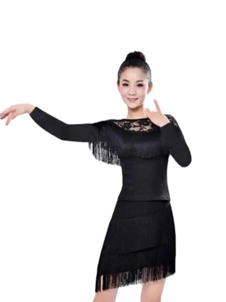 1set/lot woman tassel latin dancing costumes female solid  Fringe Latin Dance top and skirt