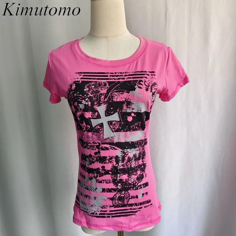 Kimutomo T Shirts Women Vintage Sexy Cross Printed Short Sleeve Fashion Y2k Aesthetic Harajuku Grunge Gothic Tops Ladies