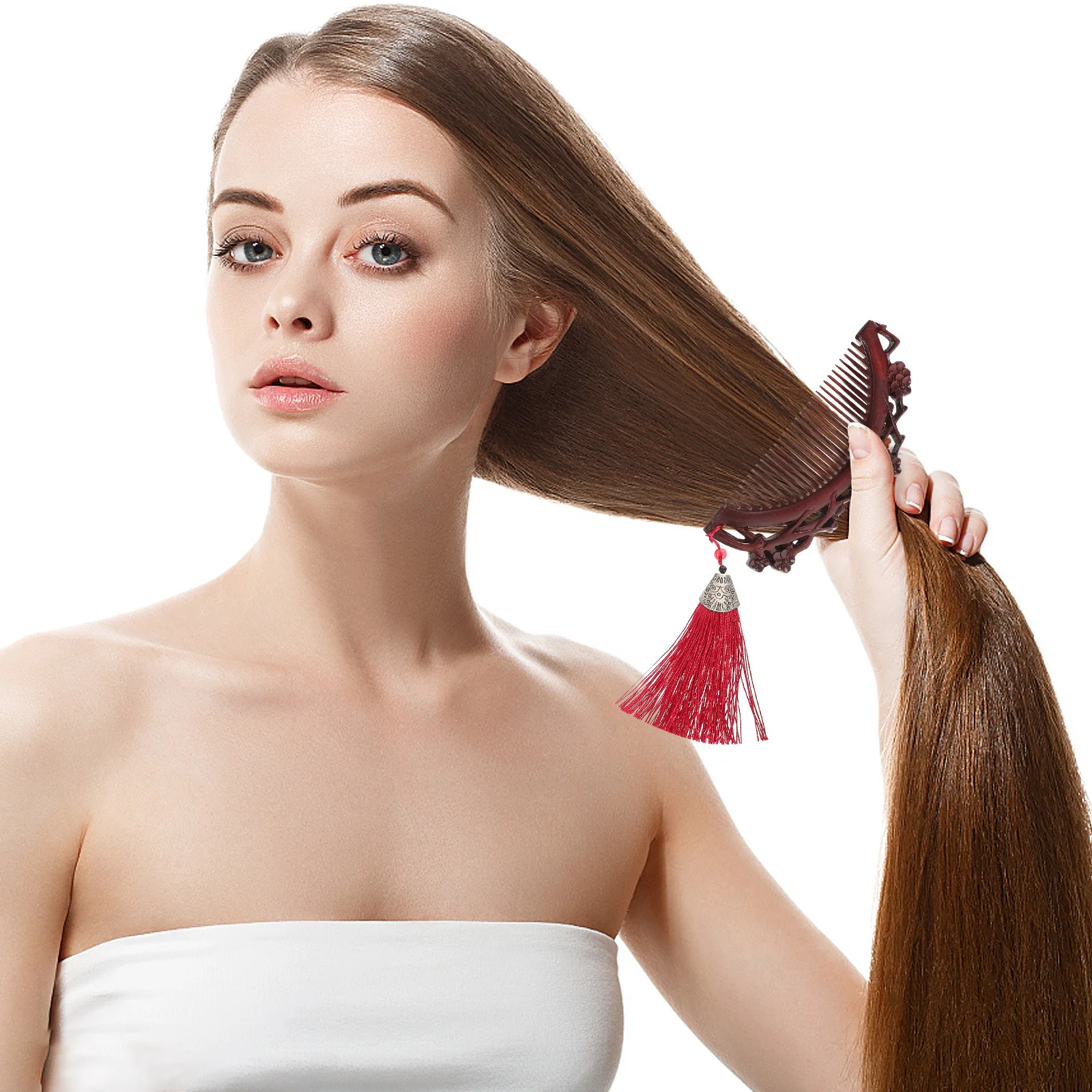 مشط صغير منحوت بزهر البرقوق من خشب الصندل، مشط خشبي مضاد للكهرباء الساكنة لتدليك الشعر، ملحقات سلسلة مفاتيح جيب محمولة للنساء #6