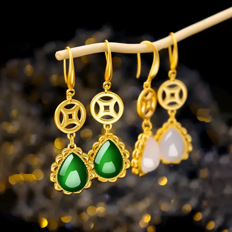 

9999 Real Gold 24K Antique Earrings, Chinese Style Fuqian Water Drop Earrings, Jade Water Drop Earrings, Female