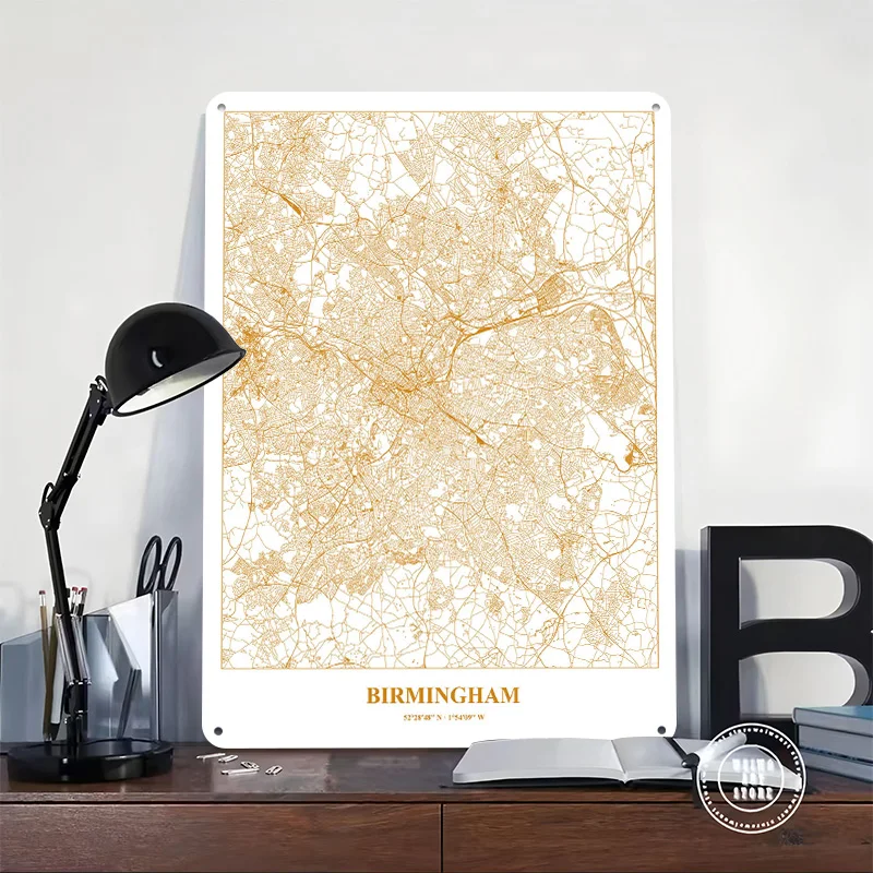 Birmingham City Map - Golden Lines Metal Poster Custom Wall Art Retro Vintage Tinplate Signs for Man Cave Desk Decor House Home