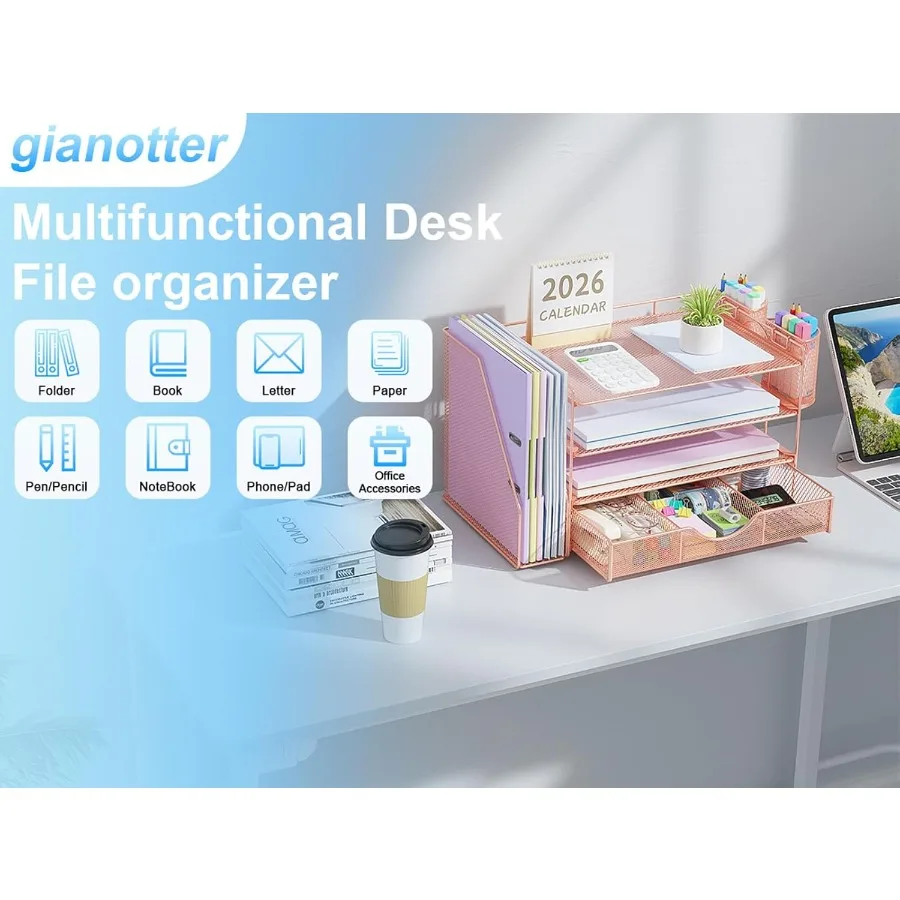 منظمات مكتب وملحقاتها مع درج حامل ملفات وحامل أقلام لتخزين اللوازم المكتبية باللون الذهبي الوردي #5
