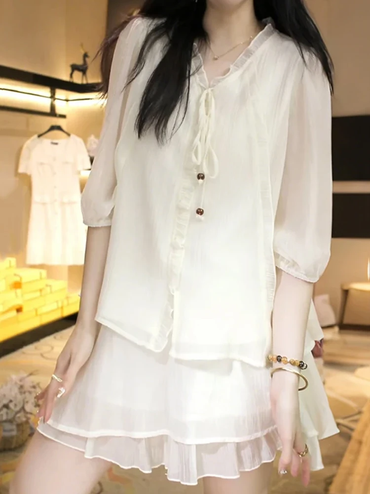 

Women's V-ne ort Sve irt And High Waist Skirt Set Summer Faion Casual Sle Floral Lace Hemline Two-piece Suit