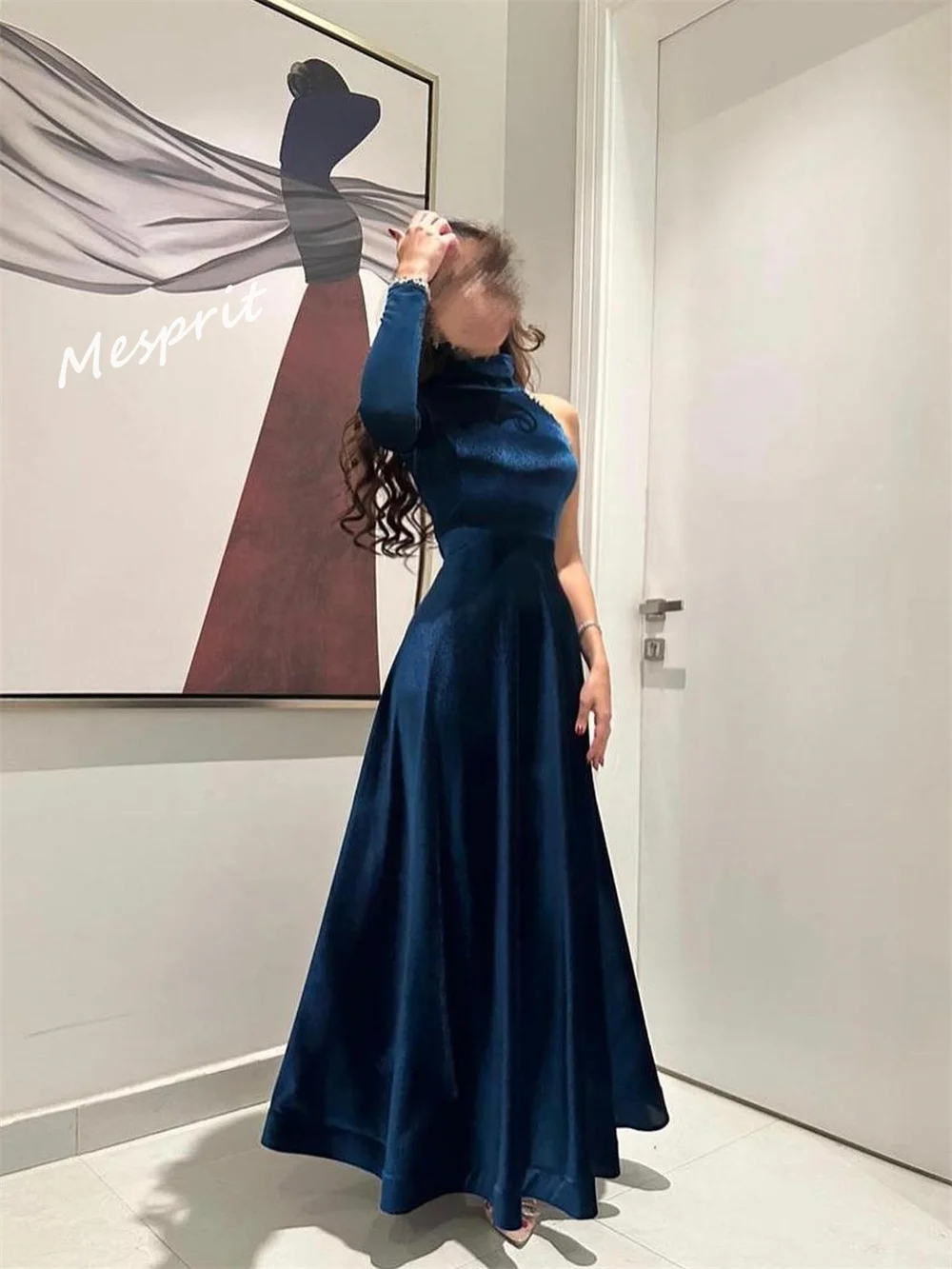 Um ombro-A-Line Prom Dress, vestido até o chão, strass Velour, personalizado, de alta qualidade