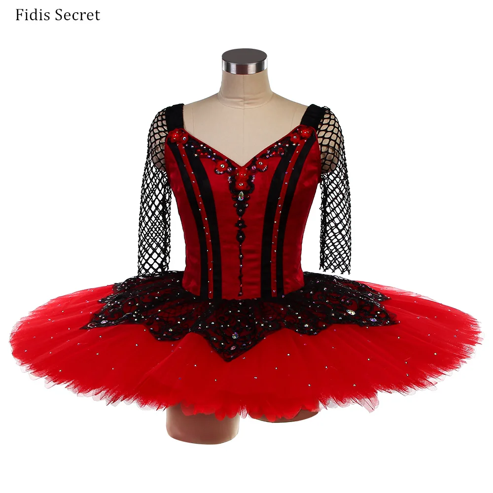 

Girls Kitri Professional Pancake Ballet Tutus,Black Bodice w/Red Overlay Stage Wear,Ballerina Dancing Competition Dress Costumes