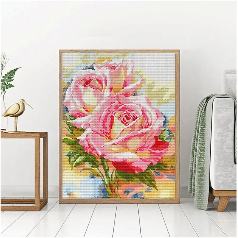 Joy Sunday Cross Stitch Kit DIY Handmade Two Pink Roses Embroidery Flower Pattern Living Room Display Home Decoratin Gifts