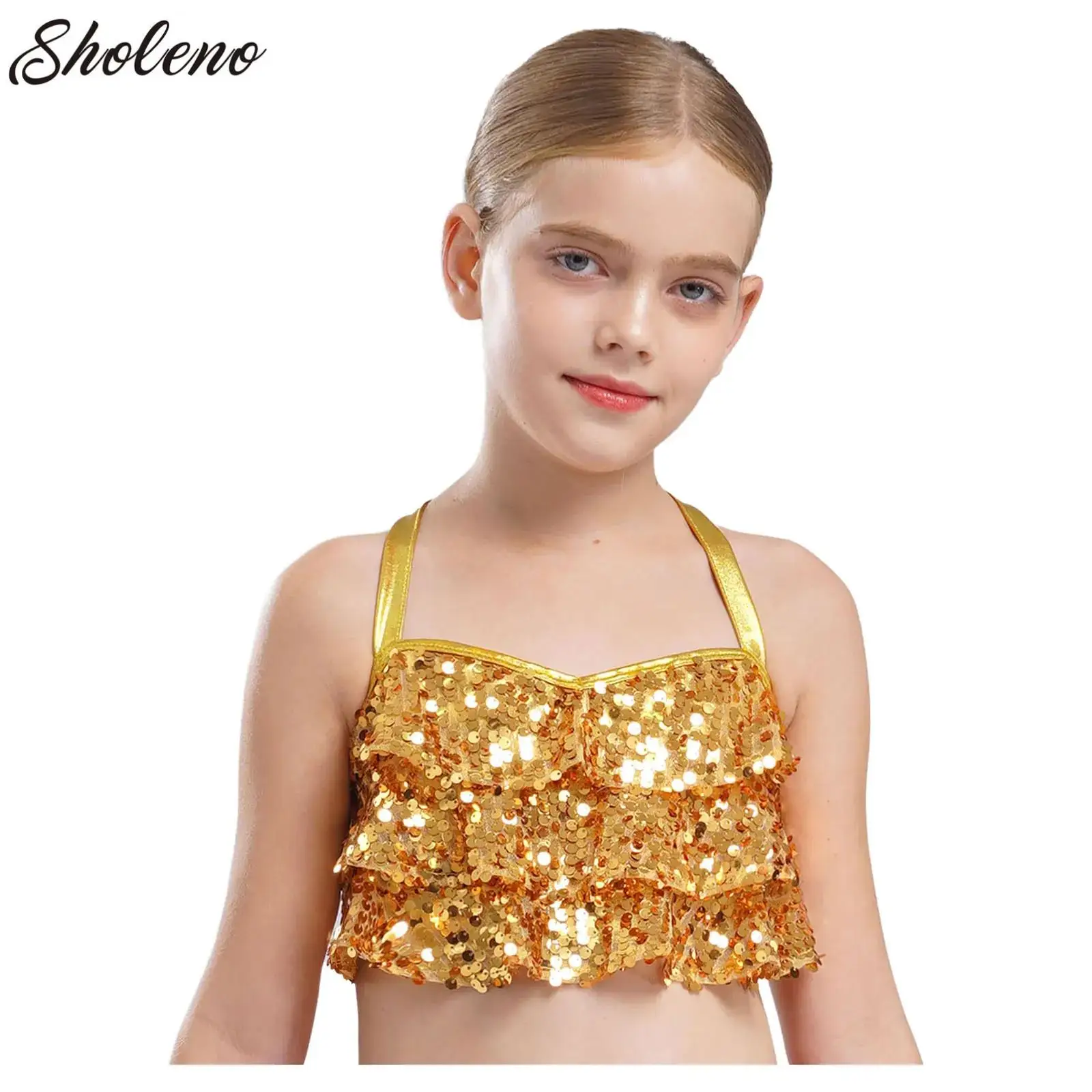 

Big Girls Hip-hop Costume Glittery Sequins Tiered Ruffles Cropped Tops Jazz Street Dance Camisole for Stage Performance Clothes