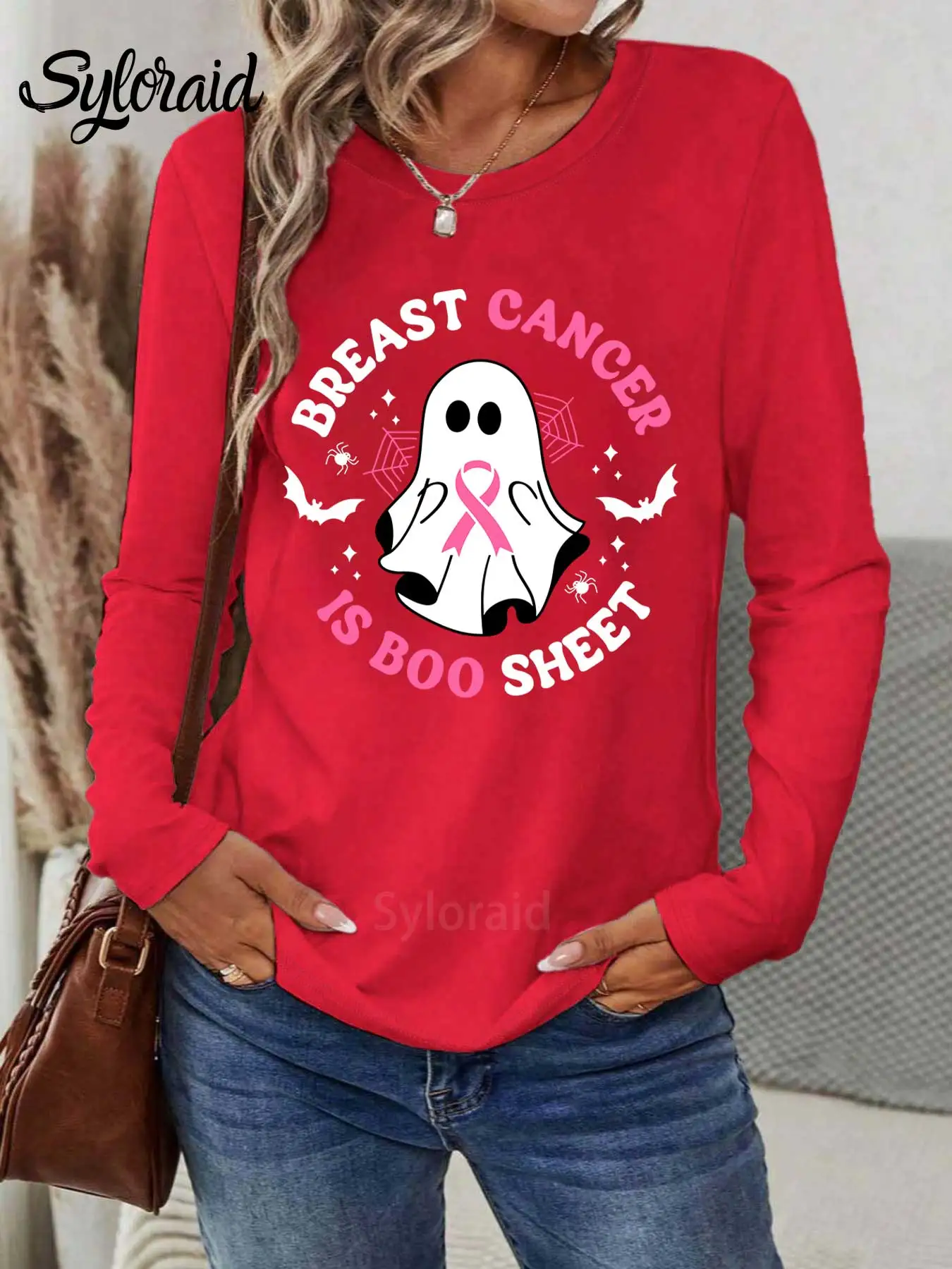 تي شيرت نسائي طويل الأكمام بشريط شبح للتوعية بسرطان الثدي جرافيك تي شيرت عصري برقبة دائرية كاجوال #3