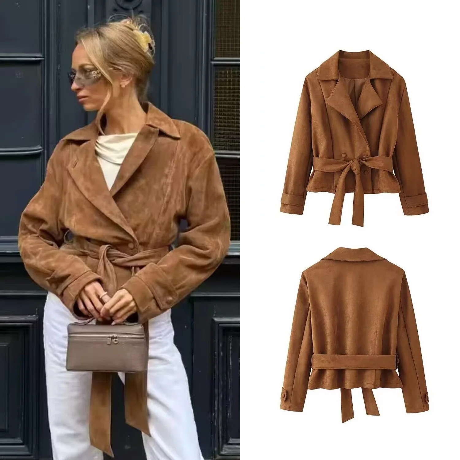 

Women Suede Short Jacket Female Fashion Turn-Down Collar Long Sleeved Coat Double Breasted With Belt OL Slim Outerwear