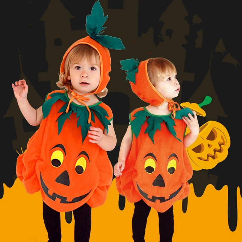 

Children's Cute Sleeveless Pumpkin Costume Role Playing Bodysuit Christmas Stage Carnival Halloween Tights And Hat Clothing Set