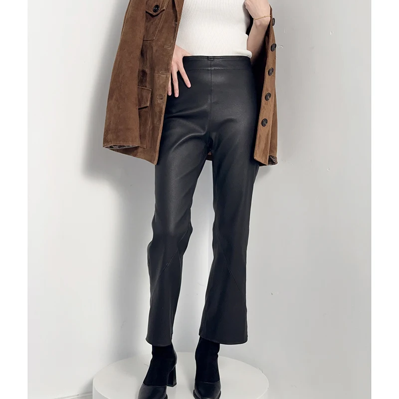 Luxury High Quality Stretch Leather Pants Spring Women Plant Tanned Sheepskin Vintage Simple Slim Versatile Cropped Trousers