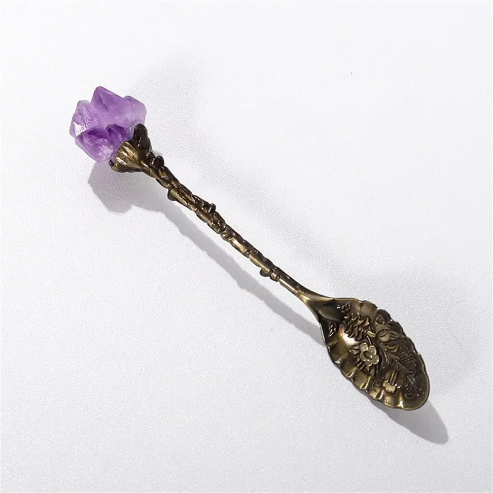 New arrivals  crystal spiritual crafts natural purple amethyst raw point metal spoons for gift