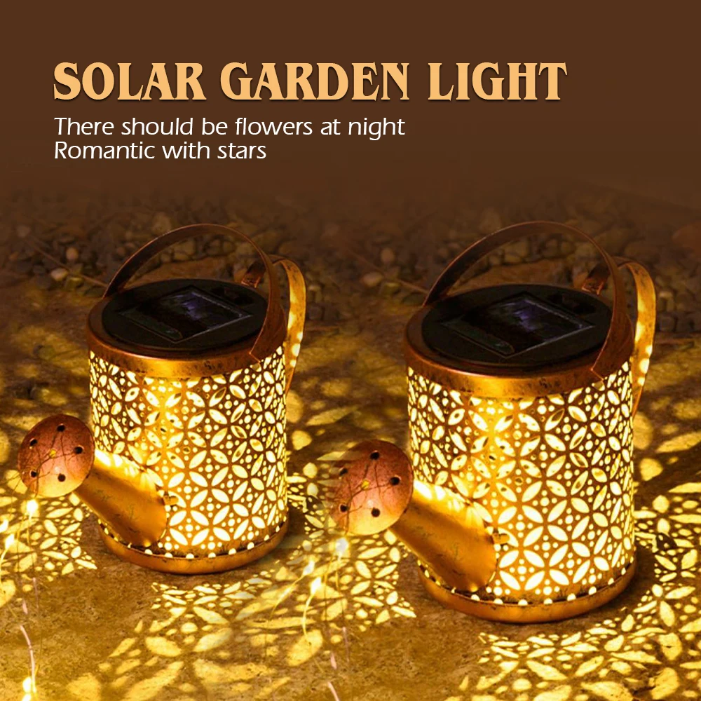 Solar Watering Can Light Outdoor Garden Art LED String Light Hanging Kettle Lantern Pathway Patio Decorative Lamp Stake Light