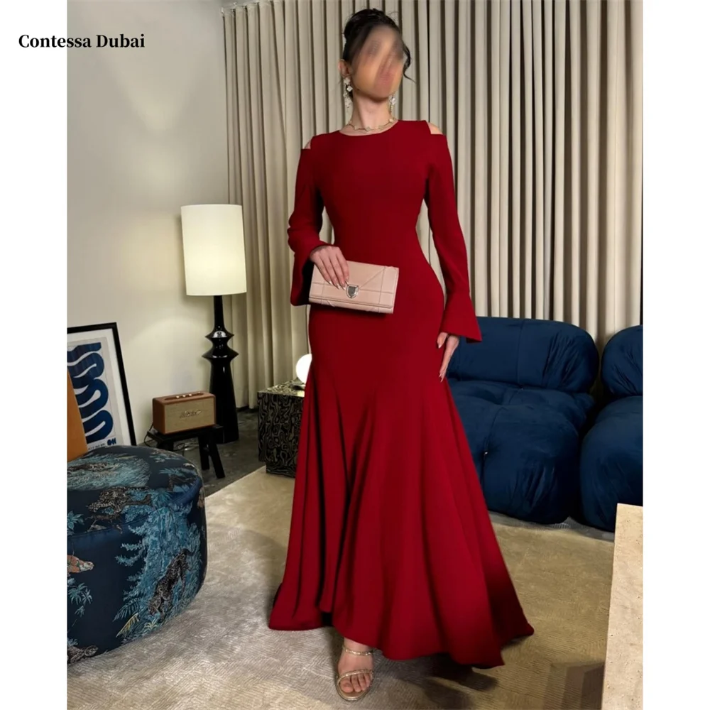 

Красные платья для выпускного вечера русалки Contessa Dubai с круглым вырезом и длинными рукавами, драпированные, индивидуальное вечернее платье длиной до пола, платье 2023