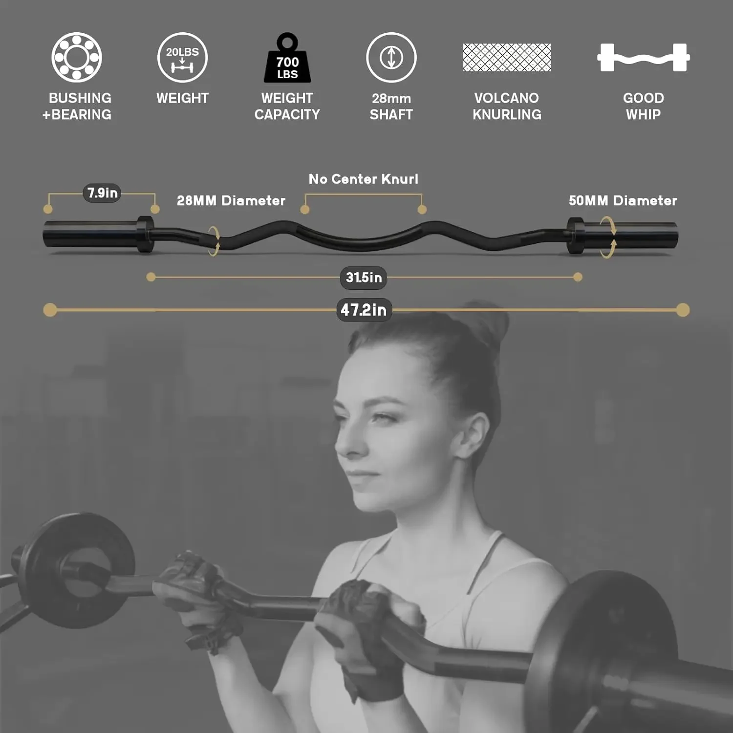 2 Inch Curl Bar Only, 700LBS Weight Capacity Curl Barbell for Bicep, Tricep and Weight Lifting Exercises